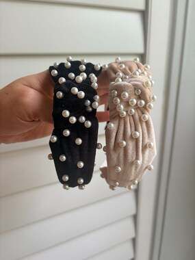 Set of 2 Wide Velvet Pearl Embellished Knotted Headbands